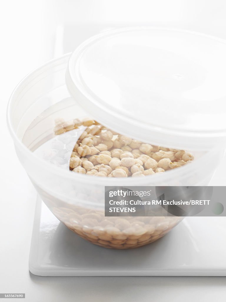 Bowl of chickpeas soaking in water