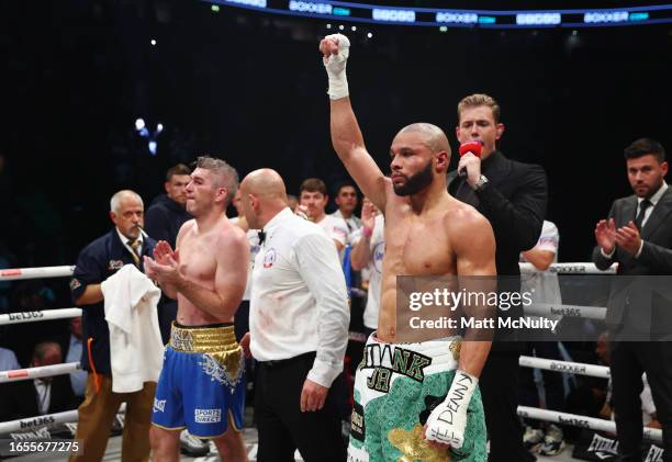 Chris Eubank Jr celebrates after beating Liam Smith in a 10th round stoppage during the Chris Eubank Jr v Liam Smith II Middleweight Title fight at...