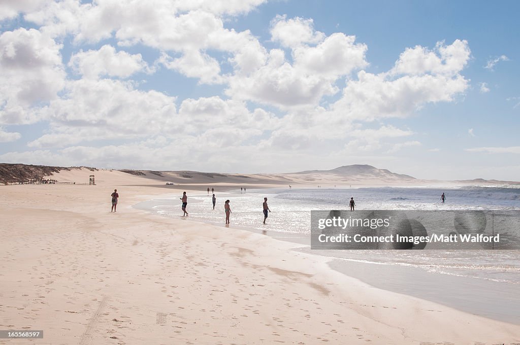 People relaxing on white sand beach