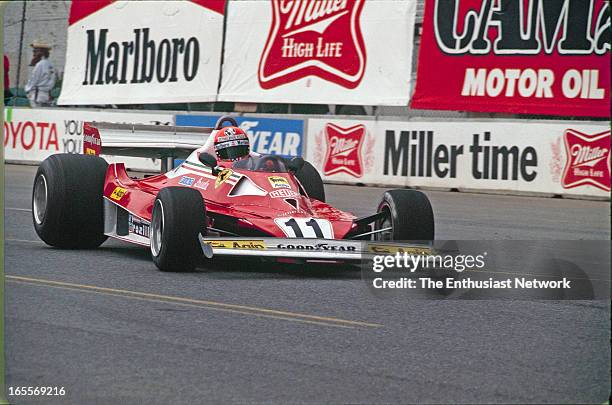 Long Beach Grand Prix. Niki Lauda of Scuderia Ferrari driving successful 312T to a second place finish. Lauda will go on to win the World Drivers...