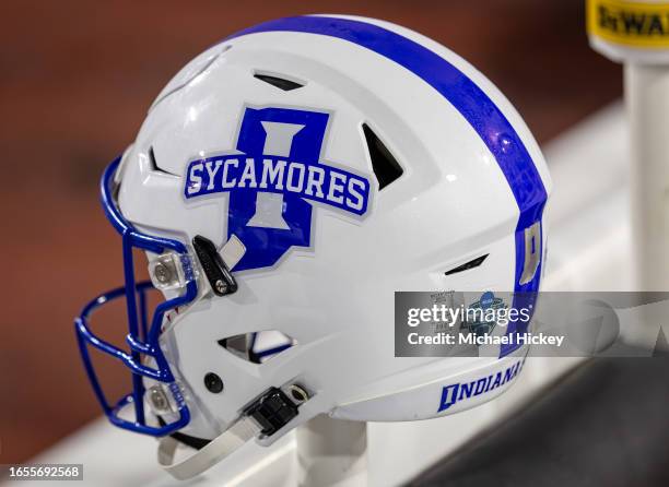 An Indiana State Sycamores helmet is seen during the game against the Indiana Hoosiers at Memorial Stadium on September 8, 2023 in Bloomington,...