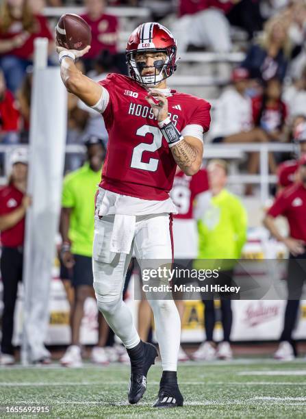 Tayven Jackson of the Indiana Hoosiers is seen during the game against the Indiana State Sycamores at Memorial Stadium on September 8, 2023 in...