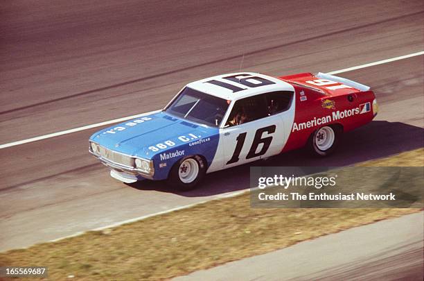 Miller 500 - NASCAR - Ontario Motor Speedway. Mark Donohue of Penske racing drives his AMC Matador. Donohue would start the race seventh on the grid...