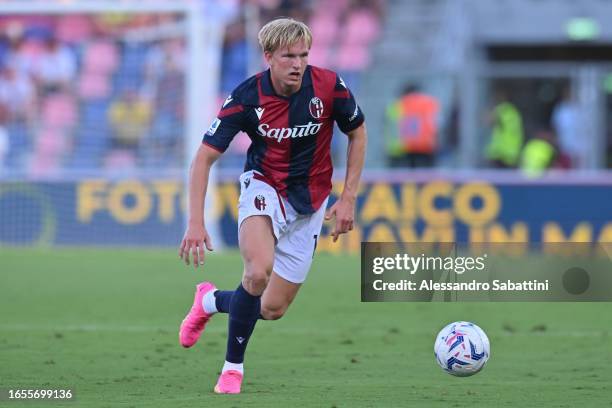 Victor Kristiansen of Bologna FC in action during the Serie A TIM match between Bologna FC and Cagliari Calcio at Stadio Renato Dall'Ara on September...