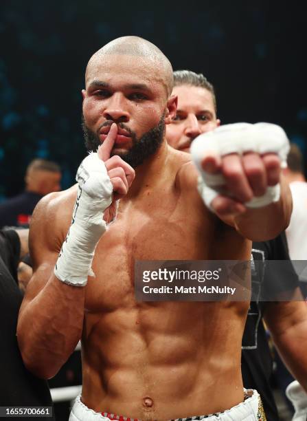 Chris Eubank Jr celebrates after beating Liam Smith in a 10th round stoppage during the Chris Eubank Jr v Liam Smith II Middleweight Title fight at...
