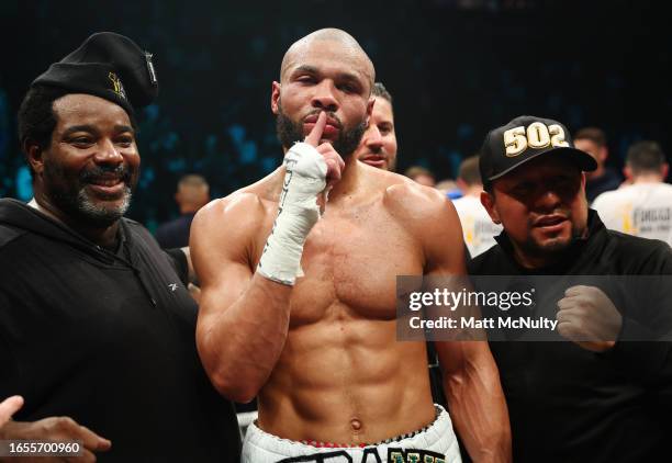 Chris Eubank Jr celebrates after beating Liam Smith in a 10th round stoppage during the Chris Eubank Jr v Liam Smith II Middleweight Title fight at...