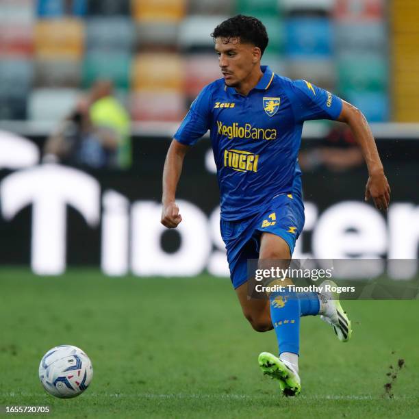 Abdou Harroui of Frosinone dribbles during the Serie A TIM match between Udinese Calcio and Frosinone Calcio at Udinese Arena on September 02, 2023...