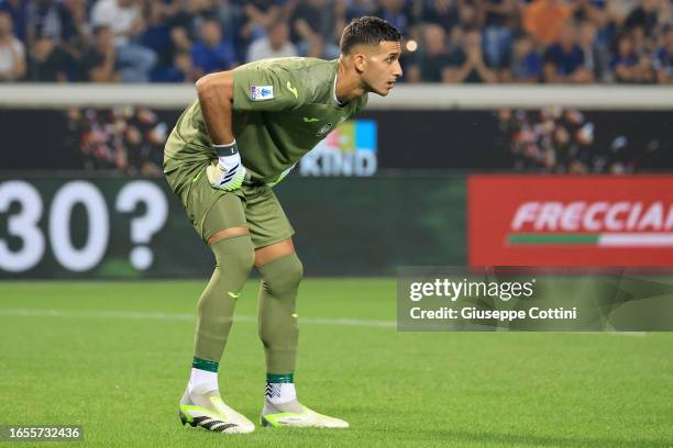 Juan Musso of Atalanta BC looks on during the Serie A TIM match between Atalanta BC and AC Monza at Gewiss Stadium on September 02, 2023 in Bergamo,...