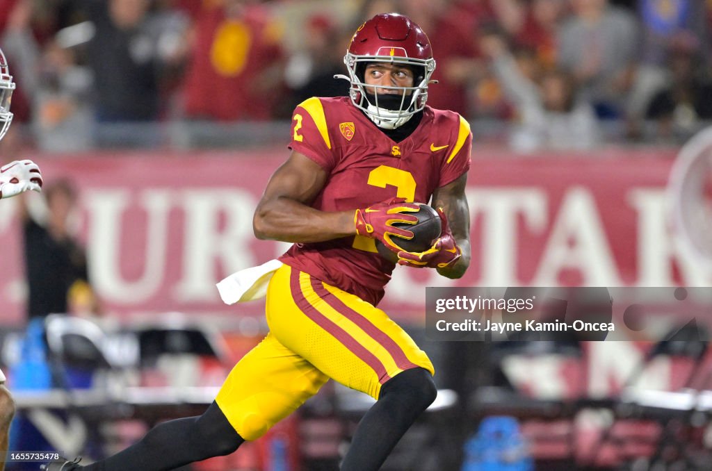 Brenden Rice Contested Catch Wide receiver Brenden Rice of the USC Trojans catches a pass in front ...