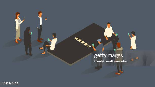star rating on phone - looking at large screen stock illustrations
