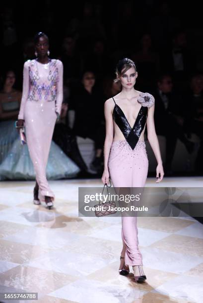 Model walks the runway of Giorgio Armani "One Night In Venice" show on September 02, 2023 in Venice, Italy.