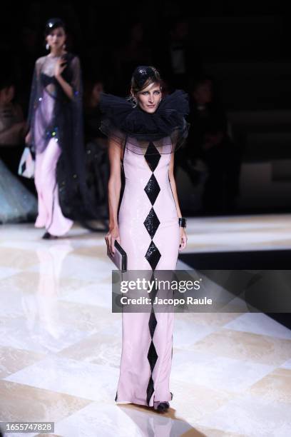 Model walks the runway of Giorgio Armani "One Night In Venice" show on September 02, 2023 in Venice, Italy.