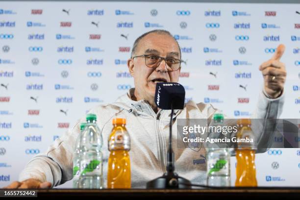 Marcelo Bielsa coach of Uruguay speaks during a press conference ahead of FIFA World Cup 2026 Qualifier match against Chile on September 02, 2023 in...