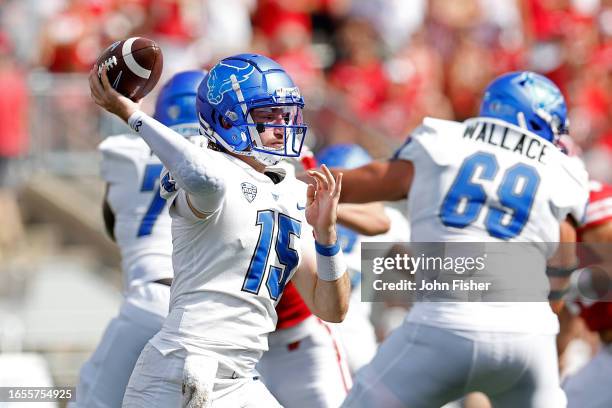 Cole Snyder of the Buffalo Bulls throws a pass in the first quarter against the Wisconsin Badgers at Camp Randall Stadium on September 02, 2023 in...