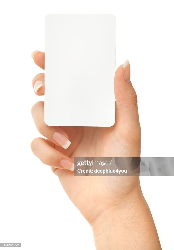 Blank play card in woman hand on white
