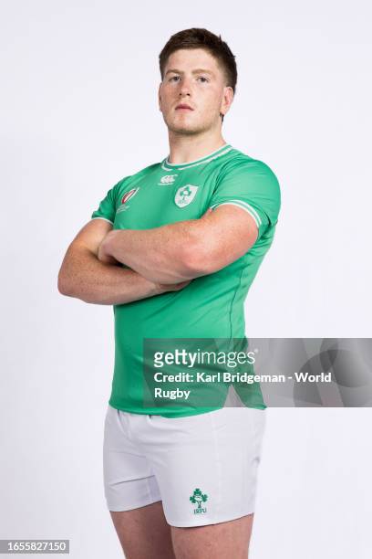 Joe McCarthy of Ireland poses for a portrait during the Ireland Rugby World Cup 2023 Squad photocall on September 01, 2023 in Tours, France.