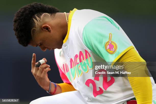 Juan Soto of the San Diego Padres looks on prior to a game against the San Francisco Giants at PETCO Park on September 01, 2023 in San Diego,...