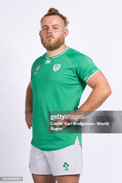 Finlay Bealham of Ireland poses for a portrait during the Ireland Rugby World Cup 2023 Squad photocall on September 01, 2023 in Tours, France.