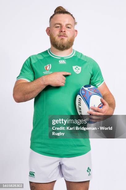 Finlay Bealham of Ireland poses for a portrait during the Ireland Rugby World Cup 2023 Squad photocall on September 01, 2023 in Tours, France.