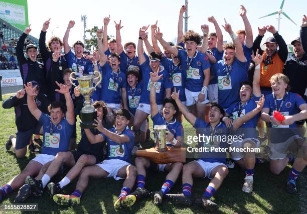 Southland Boys High School celebrate a national championship win over Westlake Boys High School during the New Zealand Barbarians 1st XV Top 4...