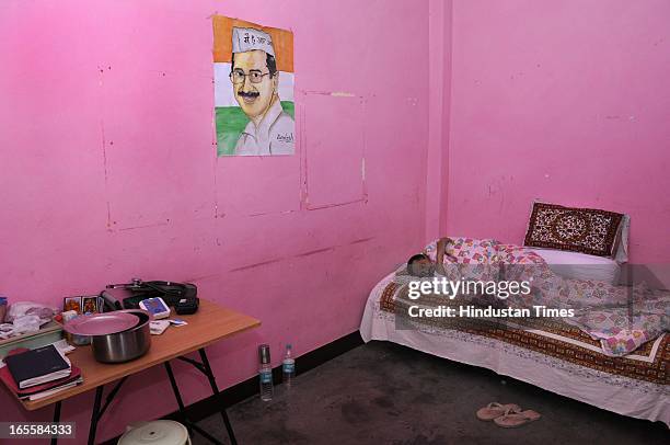 Arvind Kejriwal was taking rest during his fast in a room nearby to his Stage at Sunder Nagari on April 4, 2013 in New Delhi, India. The fast of AAP...