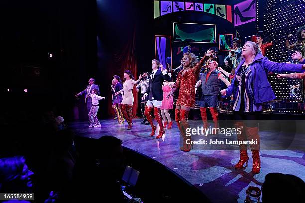 Billy Porter , Stark Sands and cast perform at the "Kinky Boots" Broadway Opening Night at the Al Hirschfeld Theatre on April 4, 2013 in New York...