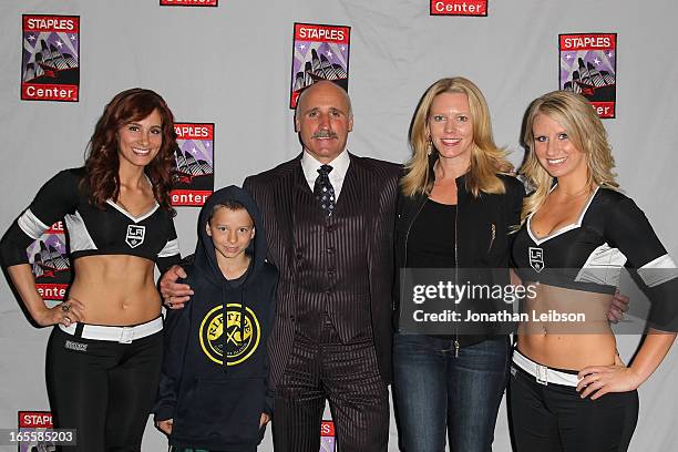 Daryl Evans and The LA Kings Ice Crew pose with guests at the LA Kings Chalk Talk & Game Experience at Staples Center on April 4, 2013 in Los...