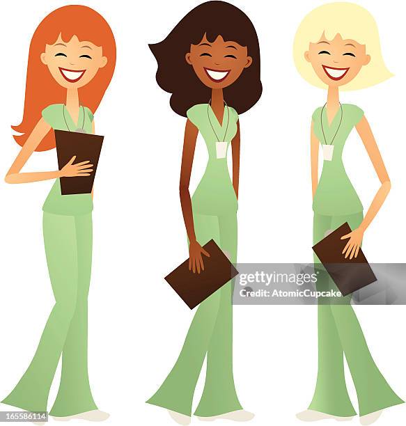 three smiling nurses in a retro style - nursing assistant stock illustrations