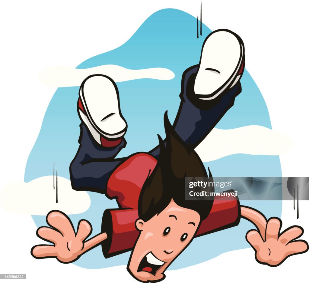 Terrified Guy rapidly falling through the sky toward earth
