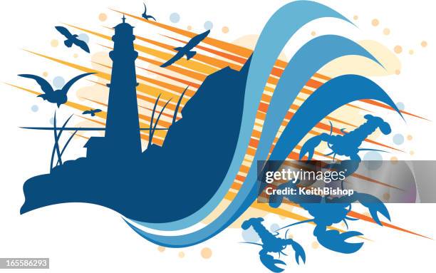 lighthouse design with lobsters and seagulls - safe harbor stock illustrations