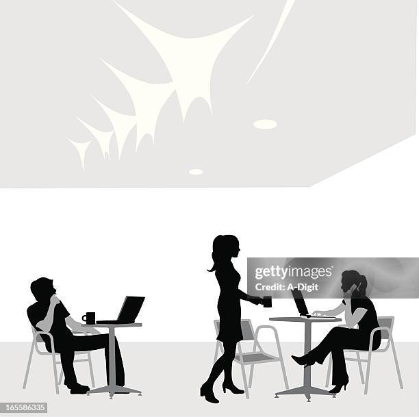 wireless cafe vector silhouette - man typing on computer stock illustrations