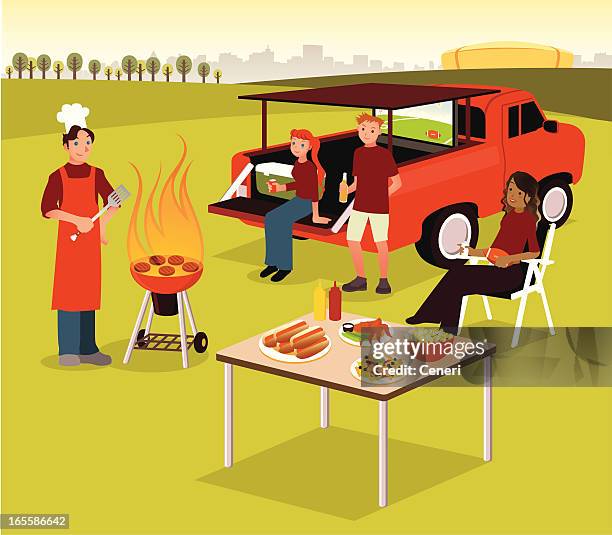 stockillustraties, clipart, cartoons en iconen met group of people having tailgate bbq party - nachos