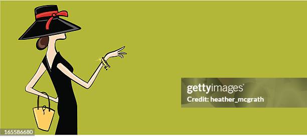 vector graphic of woman carrying a purse wearing a black hat - 1960 stock illustrations