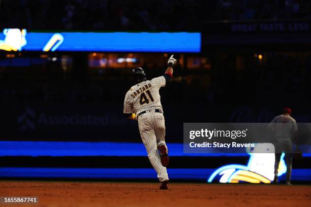 Carlos Santana of the Milwaukee Brewers runs the bases following a two run home run against the Philadelphia Phillies during the fifth inning at...