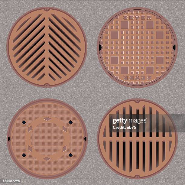 manhole (sewer) covers - sewage treatment plant stock illustrations