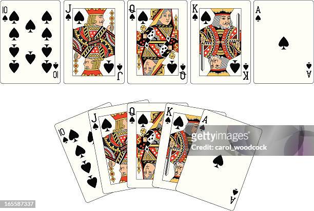 spade anzug zwei royal flush spielkarten - kartenspiel stock-grafiken, -clipart, -cartoons und -symbole