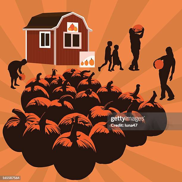 autumn pumpkin patch family fun - farm family stock illustrations