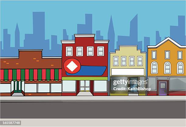 retail store fronts in city background - high street stock illustrations