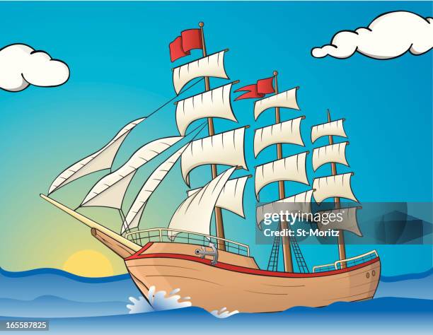 sailing ship on the sea - anchored boats stock illustrations