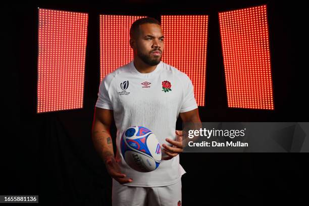 Ollie Lawrence of England poses for a portrait during the England Rugby World Cup 2023 Squad photocall on September 02, 2023 in Le...