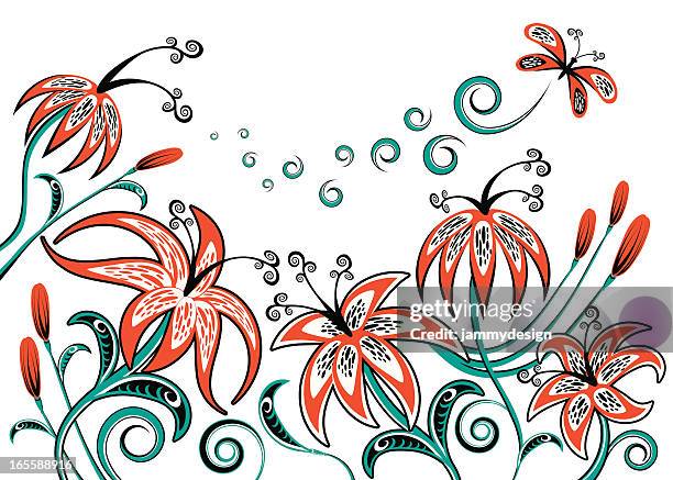illustrazioni stock, clip art, cartoni animati e icone di tendenza di lily giardino con farfalla - tiger lily flower