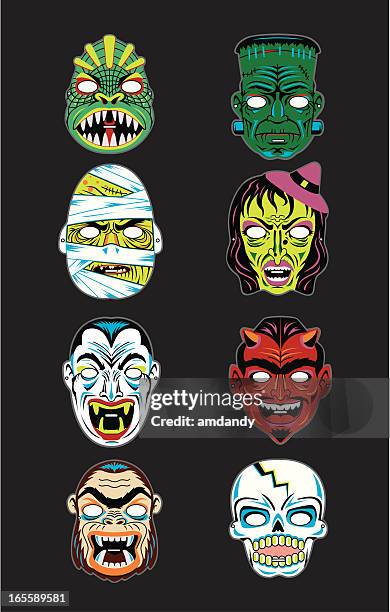 ilustraciones, imágenes clip art, dibujos animados e iconos de stock de vector vintage halloween máscaras - frankenstein