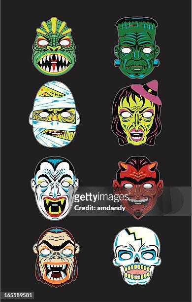vector vintage halloween masks - grimacing 幅插畫檔、美工圖案、卡通及圖標