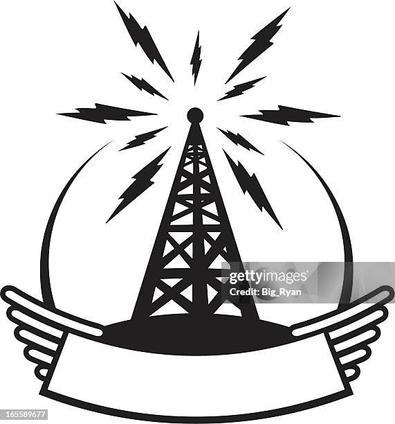 illustrazioni stock, clip art, cartoni animati e icone di tendenza di radio con stemma - communications tower