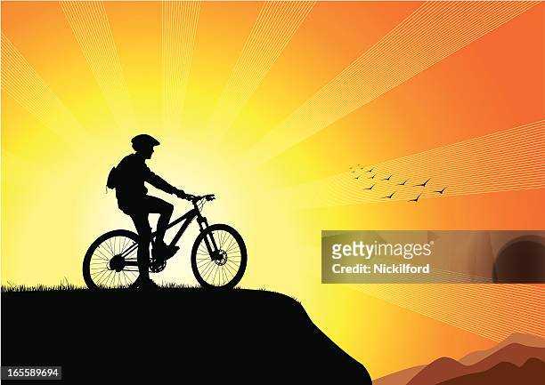 biker's bei sonnenuntergang - mountainbike stock-grafiken, -clipart, -cartoons und -symbole