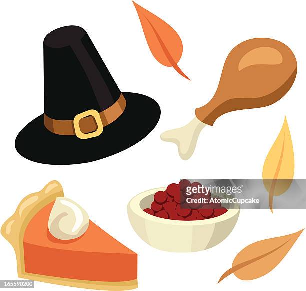 thanksgiving pictures: pumpkin pie, turkey, cranberries, leaves, pilgrim hat - turkey leg stock illustrations