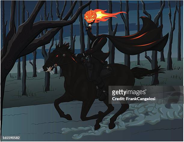 ilustrações de stock, clip art, desenhos animados e ícones de horseman cavalo de equitação de relatórios sem notificação (headless) e segurando a cabeça de abóbora - jóquei