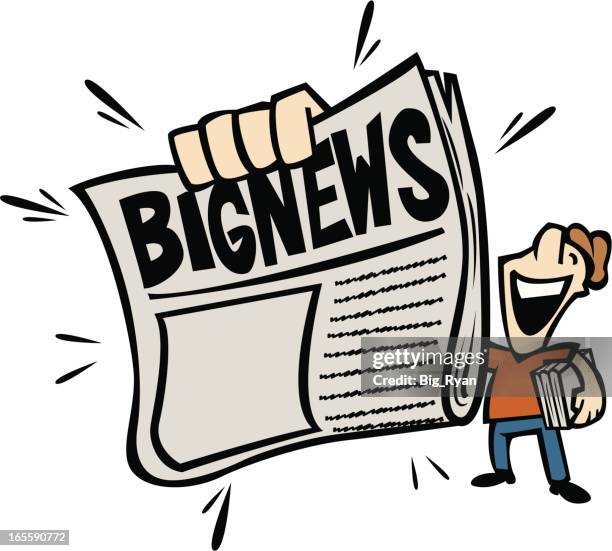 ilustraciones, imágenes clip art, dibujos animados e iconos de stock de big noticias - repartidor de periódicos