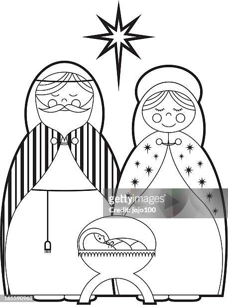 colour in mary, joseph & baby jesus - coloring in stock illustrations