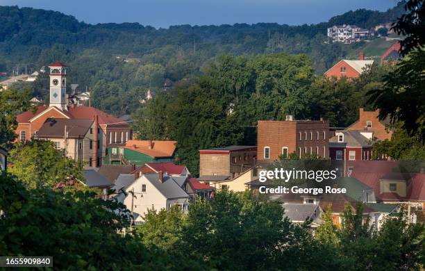 Homes nestled along the bluffs of the Missouri River are viewed on August 25 in Hermann, Missouri. Settled by German immigrants in 1837, Hermann, a...